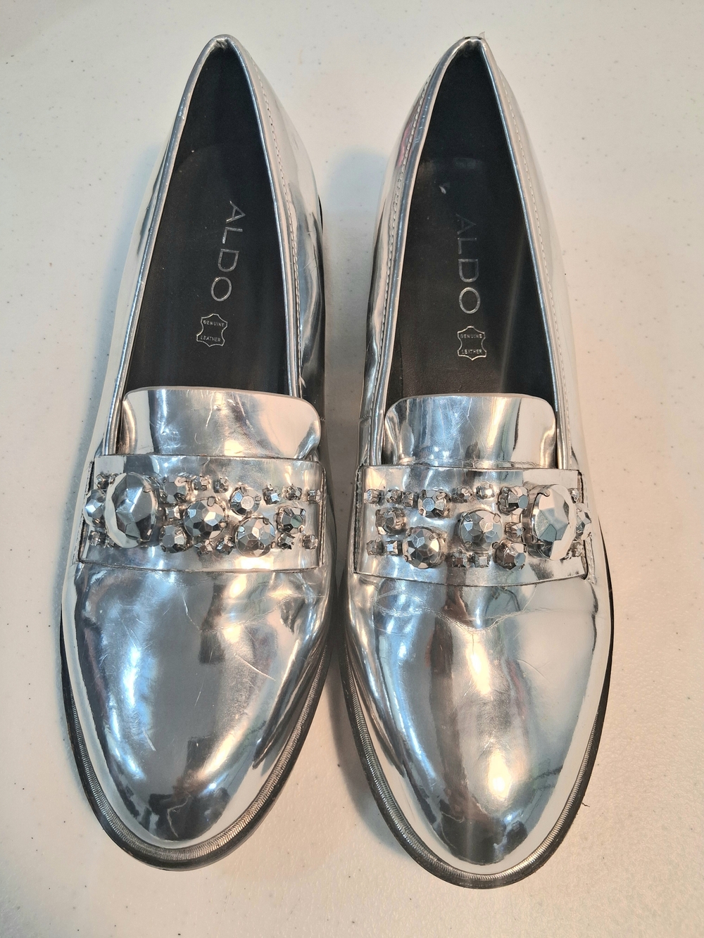 ALDO Silver Metallic LeatherLoafers with Embellished Rhinestones Sz 8